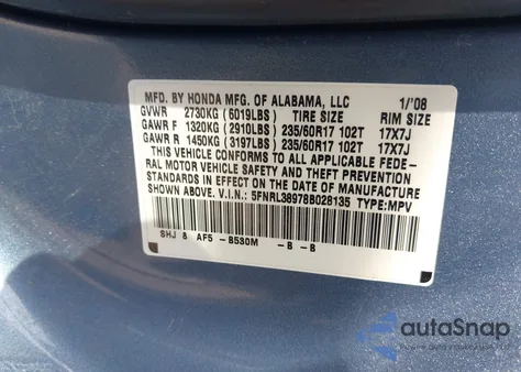 2008 Honda Odyssey Touring из США, поврежденный, VIN 5FNRL38978B028135